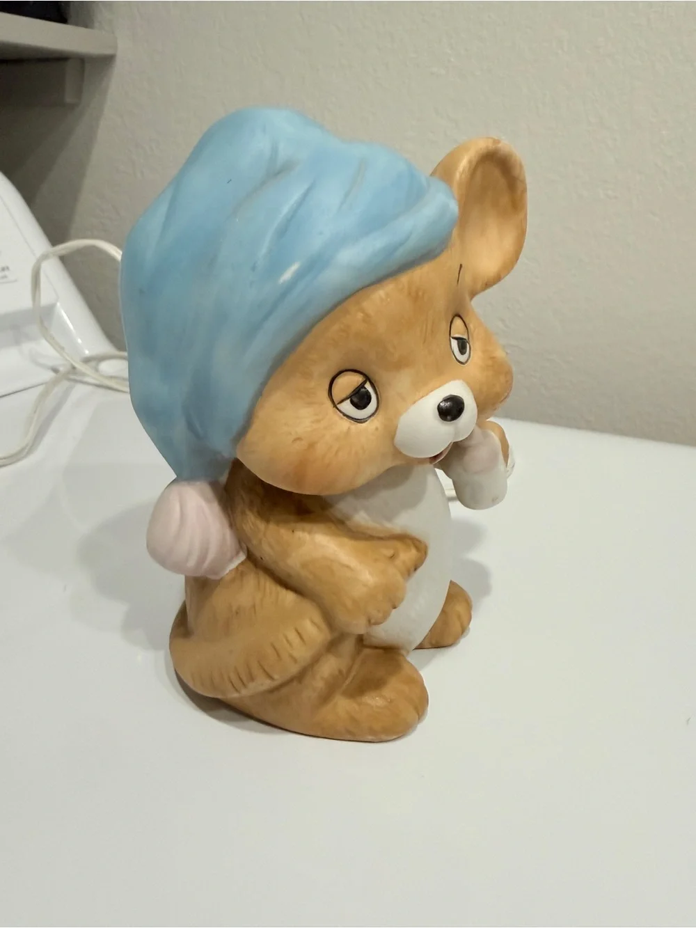 Vintage Porcelain Sleepy Mouse Night Light – Nursery Lamp with Blue Hat
